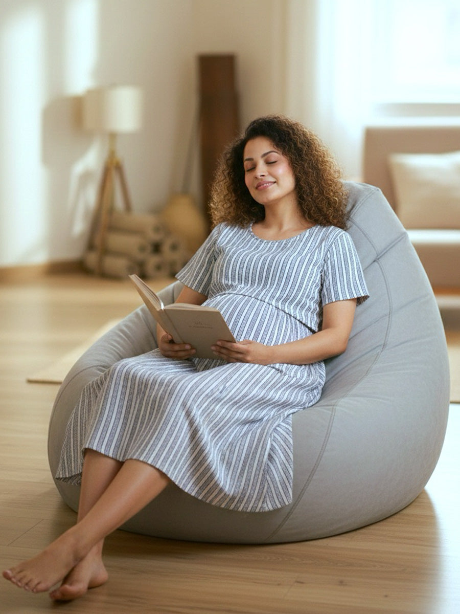 Zipless Maternity & feeding  dress –Navy Blue Ethnic Geometric Stripe Print