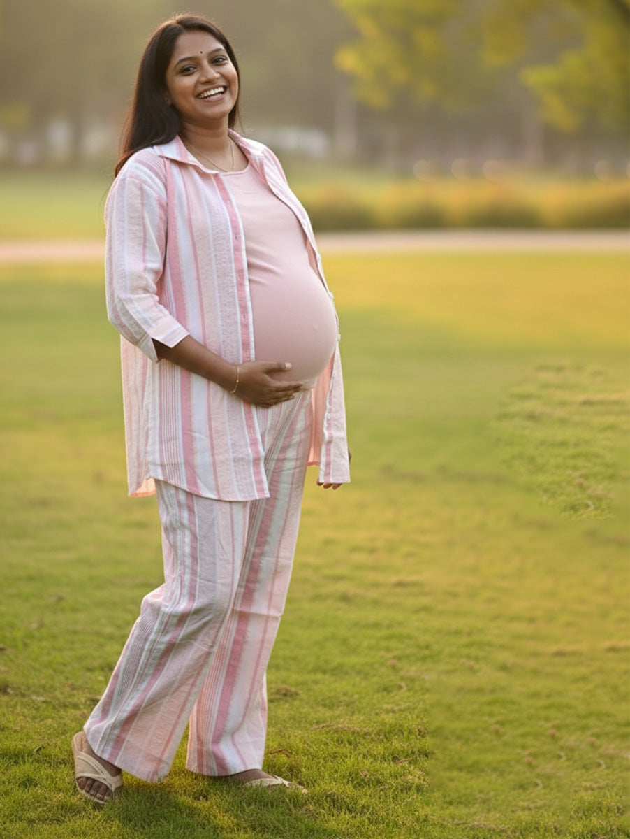 Ziva Pink & Peach Cotton Striped Maternity & Feeding Co-ord Set with Inner Baniyan (3-Piece Set)