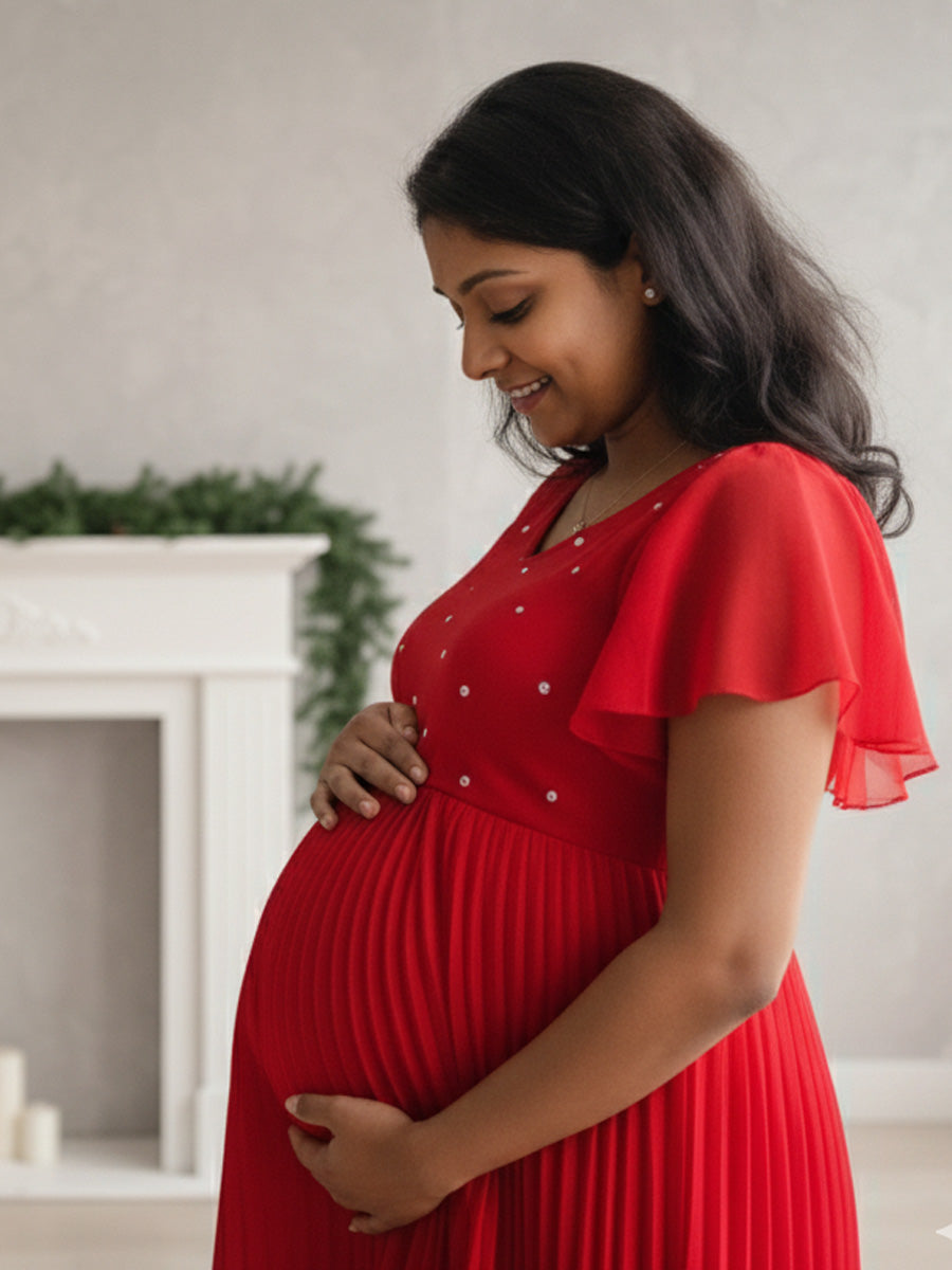 Maternity Midi Dress Festive Red ZIVAMOMS Maternity Midi Dress Festive Red ZIVAMOMS