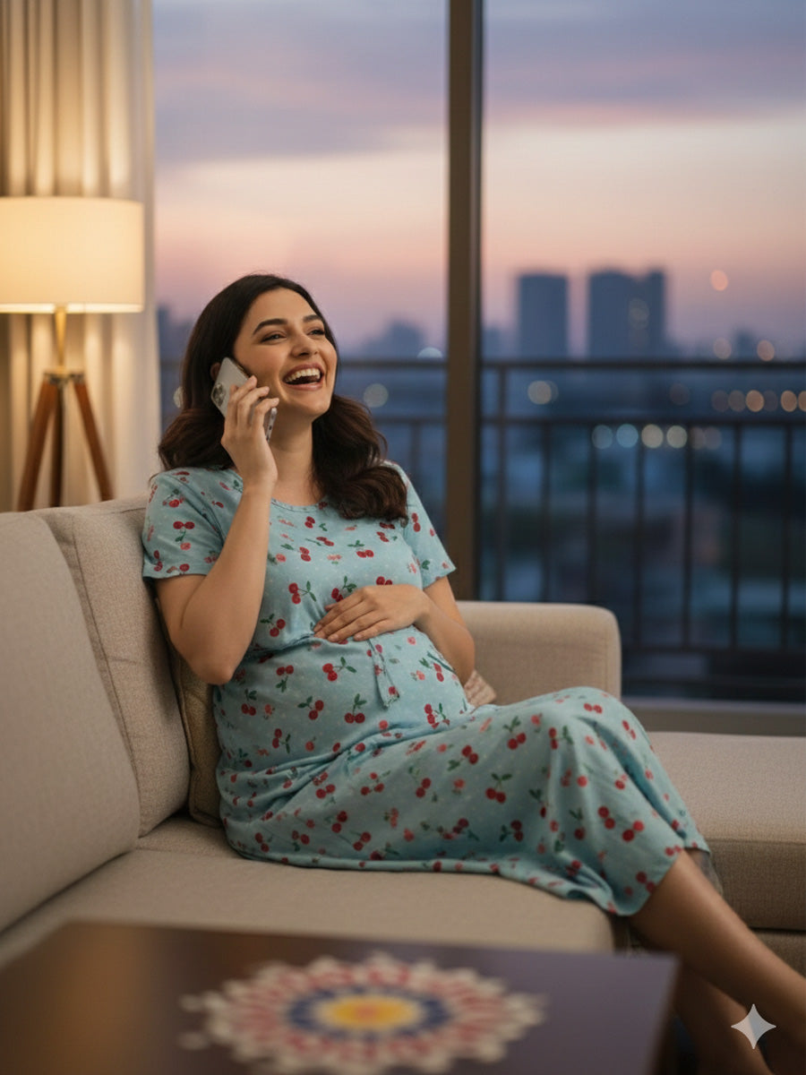 Zipless Maternity & Feeding Dress – Sky Blue Cherry Print | Ziva