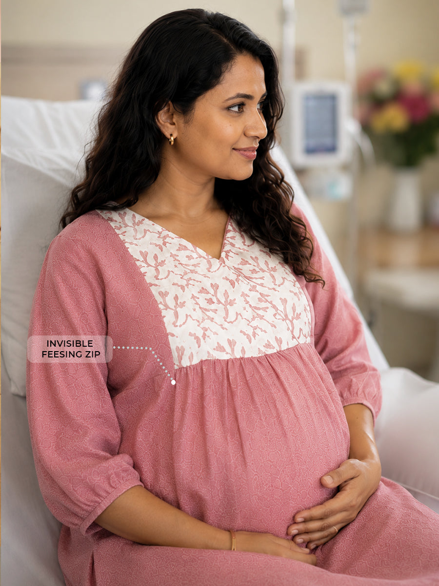 Ziva Maternity & Feeding Crushed Textured Shimmer Fabric Dress with Invisible Feeding Zip & Side Pocket – Pink