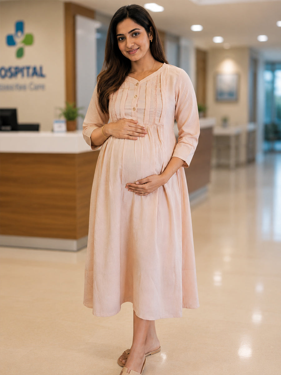 Ziva Maternity & Feeding Crinkle Textured Dress with Invisible Feeding Zip & Pocket – Peachy Pink