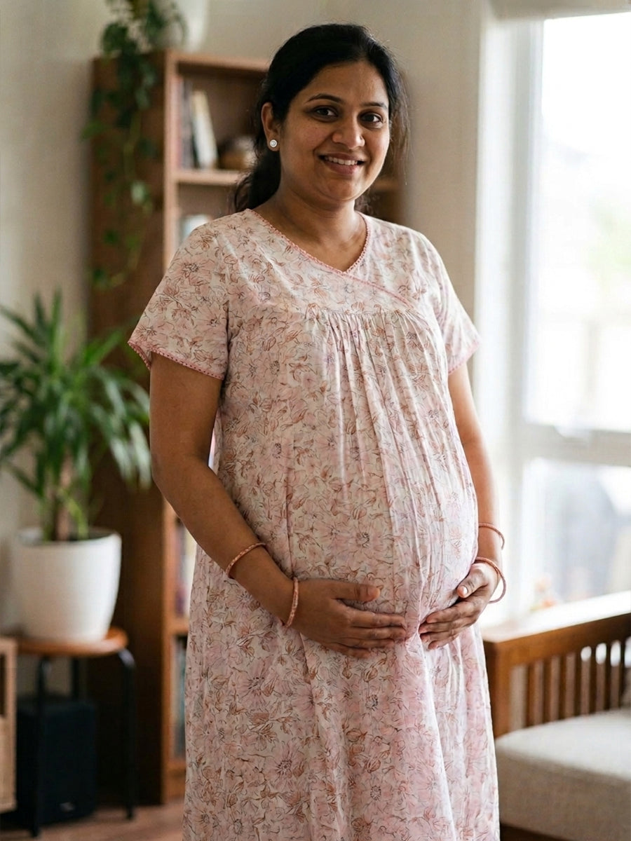 Ziva Cotton Maternity & Feeding Short Nighty with Pocket and Two Side Invisible Feeding Zips  – Pink & Light Brown Floral
