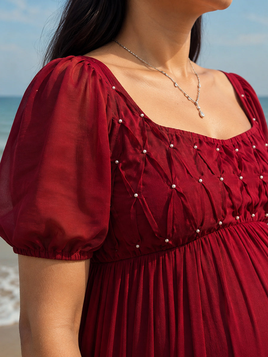 Ziva Cherry Red Multipurpose Maternity Photoshoot & Baby Shower Gown | Full-Length Gown