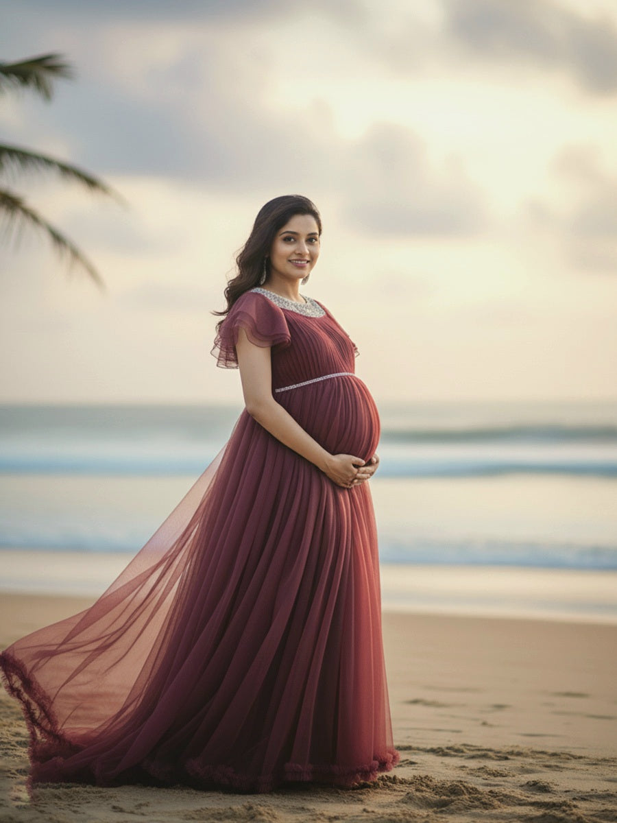 ZIVA Graceful Brown Maternity Baby Shower & Photoshoot Gown with D-Net Flutter Sleeves