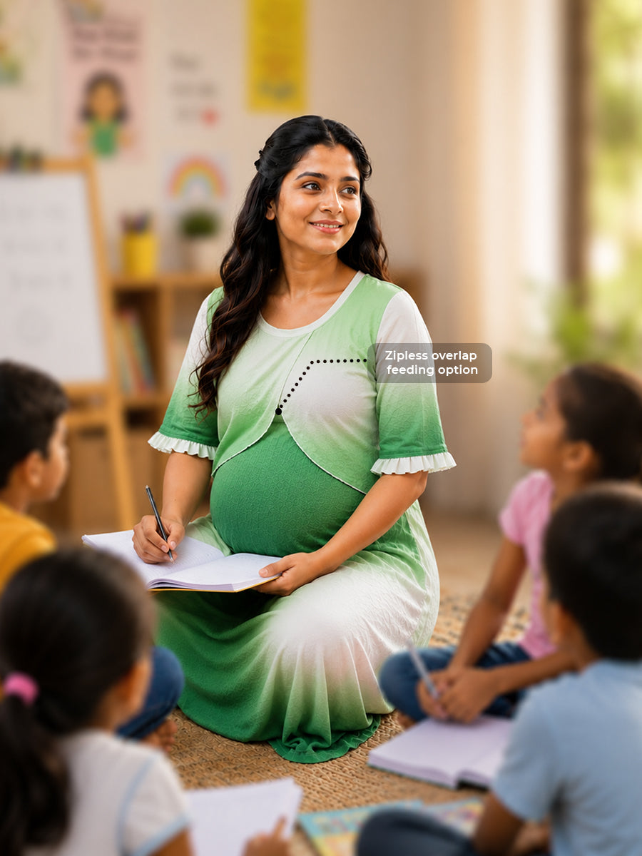 Ziva Maternity & Feeding Knitted Cotton Maxi Dress with Zipless Feeding Access & Pocket – Green Ombre Tie-Dye