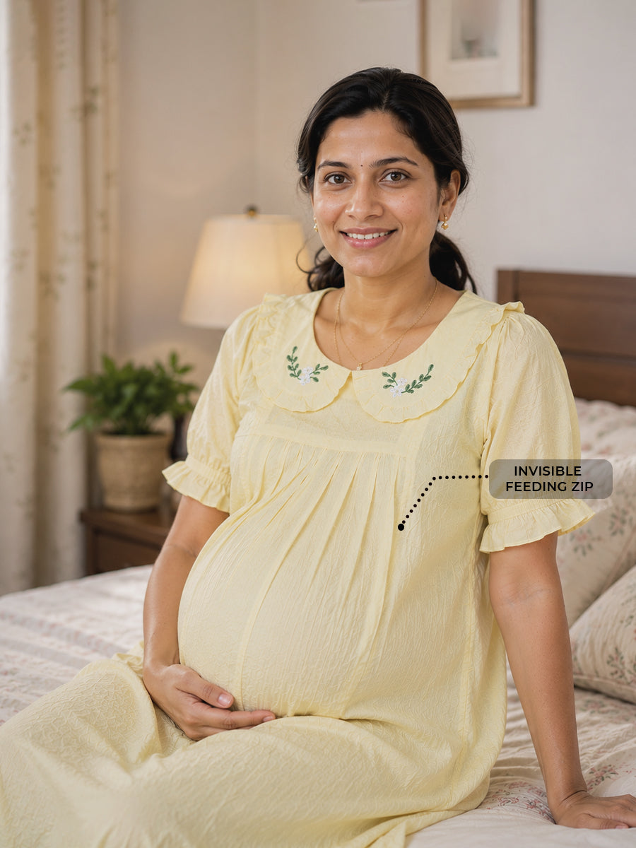 Ziva Maternity & Feeding Cotton Short Frock Nighty with Elegant Embroidered Peter Pan Collar, Invisible Feeding Zips & Pocket – Light Yellow