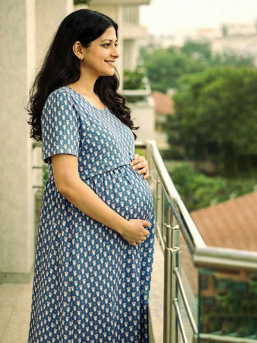ZIVA Peacock Blue Floral Block Print Zipless Maternity & Feeding Dress with Adjustable Tie and Side Pocket