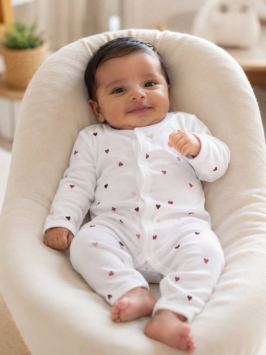 Ziva Baby Jumpsuit – White | Tiny Sweet Hearts Print | Knitted Cotton | Front Open Snap Button