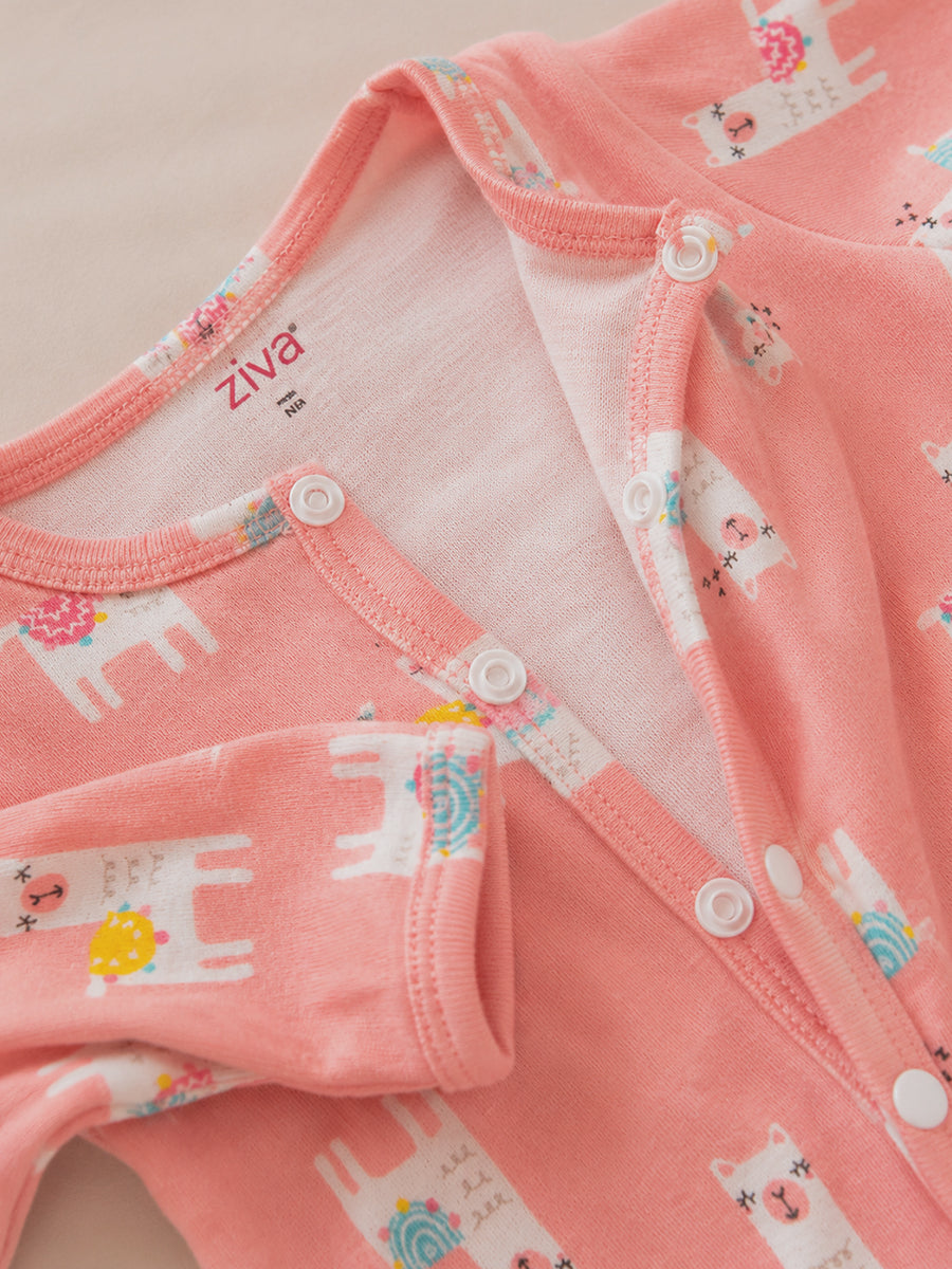 Ziva Baby Jumpsuit – Soft Peach Pink | Pastel Llama Parade Print | Knitted Cotton | Front Open Snap Button