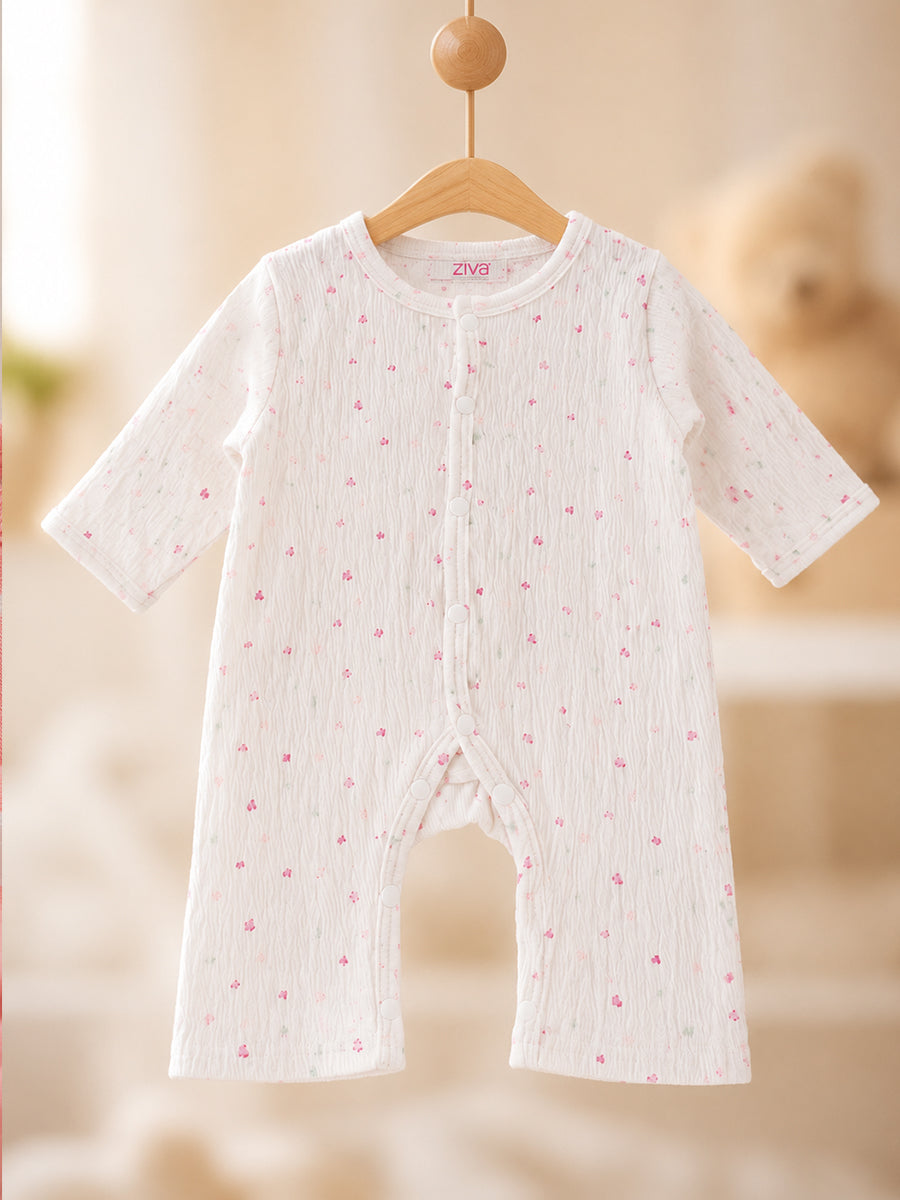 Ziva Baby Jumpsuit – Off White | Tiny Pastel Heart Sprinkle Print | Soft Waffle Knitted Cotton | Front Open Snap Button