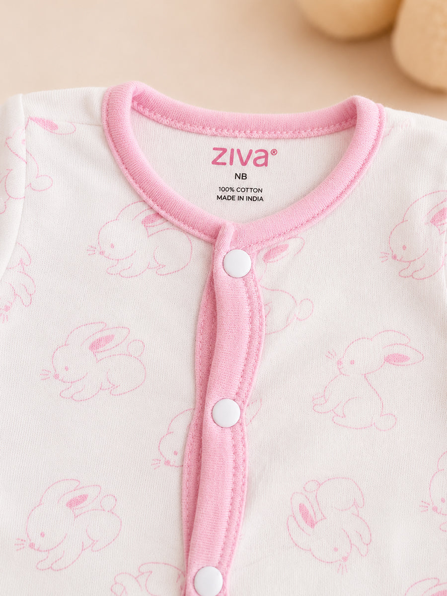 Ziva Baby Jumpsuit – Off White | Tiny Bunny Sketch Print | Premium Knitted Cotton | Front Open Snap Button