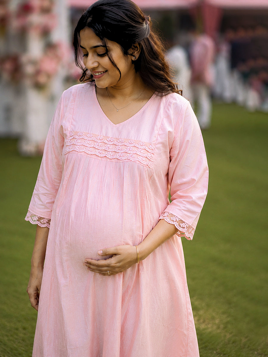 Ziva Maternity & Feeding Semi-Party Wear Dress with Crochet Lace, Invisible Feeding Zip & Pocket – Peach