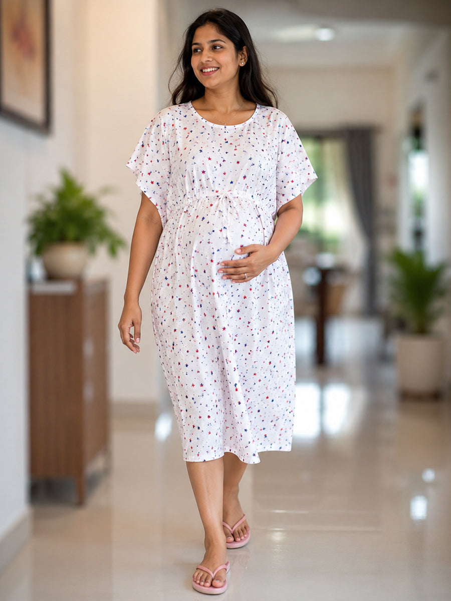 Ziva Maternity & Feeding Kaftan with Feeding Zip & Waist Tie – White | Red & Navy Star Print