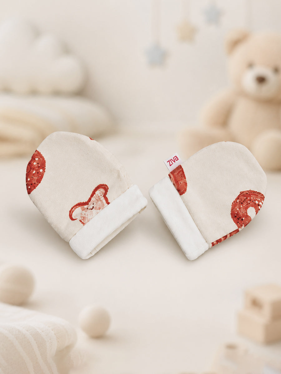 Ziva Baby Cap, Mitten & Bootie Set – Cream | Playful Bakery Print | Knitted Cotton