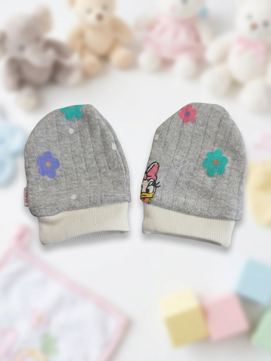Ziva Baby Cap, Mitten & Bootie Set – Grey Melange | Daisy Duck & Multicolour Floral Print | Knitted Cotton