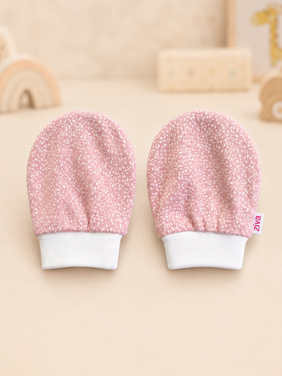 Ziva Baby Cap, Mitten & Bootie Set – Dusty Blush Pink | Tiny Confetti Sprinkle Print | Knitted Cotton