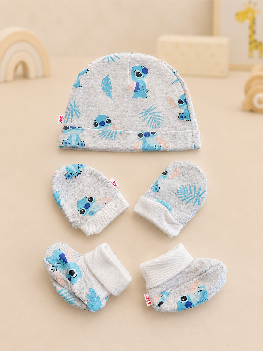 Ziva Baby Cap, Mitten & Bootie Set – Heather Grey & Sky Blue | Cartoon Character & Tropical Leaf Print | Knitted Cotton