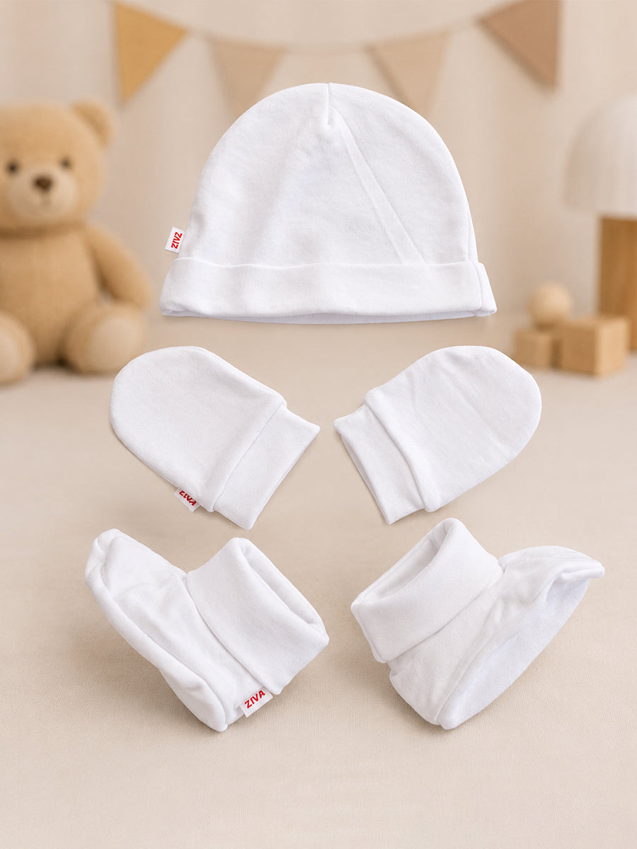 Ziva Baby Cap, Mitten & Bootie Set – White | Plain | Knitted Cotton