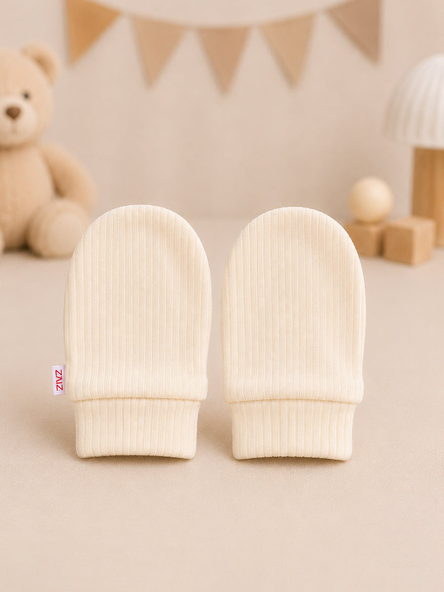 Ziva Baby Cap, Mitten & Bootie Set – Cream Yellowish | Knitted Cotton