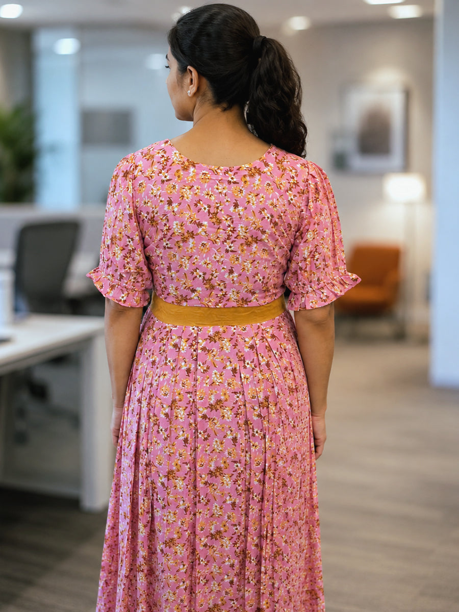 Ziva Maternity & Feeding Dress with Invisible Feeding Zip & Layered Yoke Flap Design – Pink Floral Print | Rayon