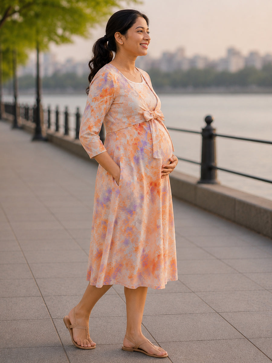 Ziva Watercolor Cloud Tie-Dye Print Knitted Cotton Maternity & Feeding Zipless Dress with Concealed Side-Pull Nursing Access