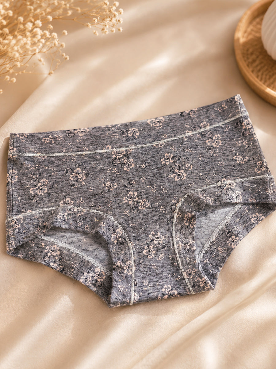 Ziva Maternity Low Waist Shorty Panty – Premium Soft Viscose | Blush Vintage Bloom Print | Ash Melange