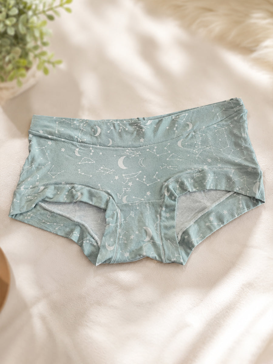 Ziva Maternity Low Waist Shorty Panty – Premium Soft Viscose | Moonlit Constellation Print | Pastel Green