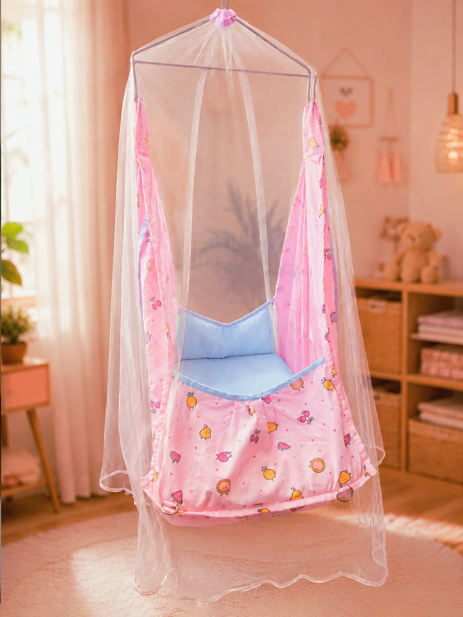 Ziva Multipurpose Cotton Baby Cradle with Bed & Convertible Swing Chair – Baby Pink Cartoon Fruit Print