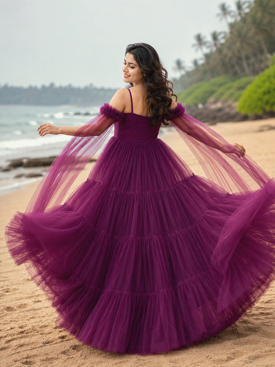 Ziva Maternity Photoshoot & Baby Shower Net Gown with Sequin Bodice & Flowing Cape Sleeves – Wine