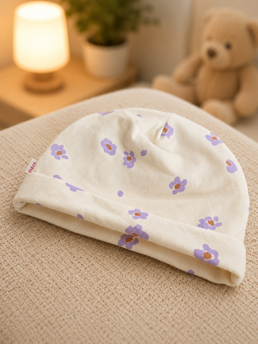 Ziva Baby Sleepsuit with Cap – Knitted Cotton Front Zip, Fold-Over Mittens & Integrated Booties | Lavender Blossom Print