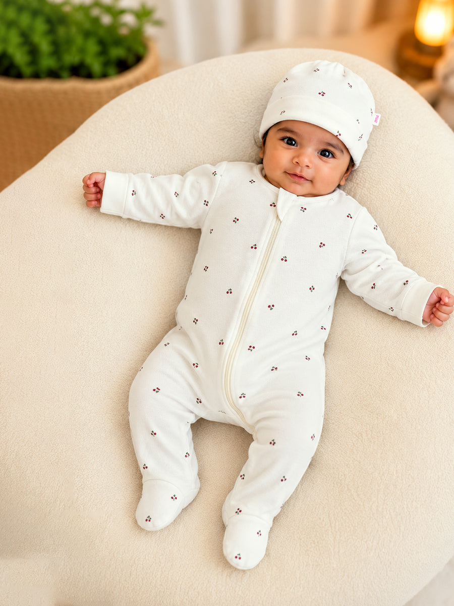 Ziva Baby Sleepsuit with Cap – Knitted Cotton Front Zip, Fold-Over Mittens & Integrated Booties | Mini Cherry Print