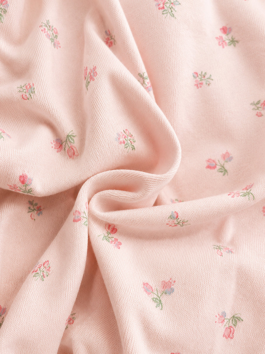 Ziva Baby Sleepsuit with Cap – Knitted Cotton Front Zip, Fold-Over Mittens & Integrated Booties | Soft Blush Pink | Blush Wildflower Print