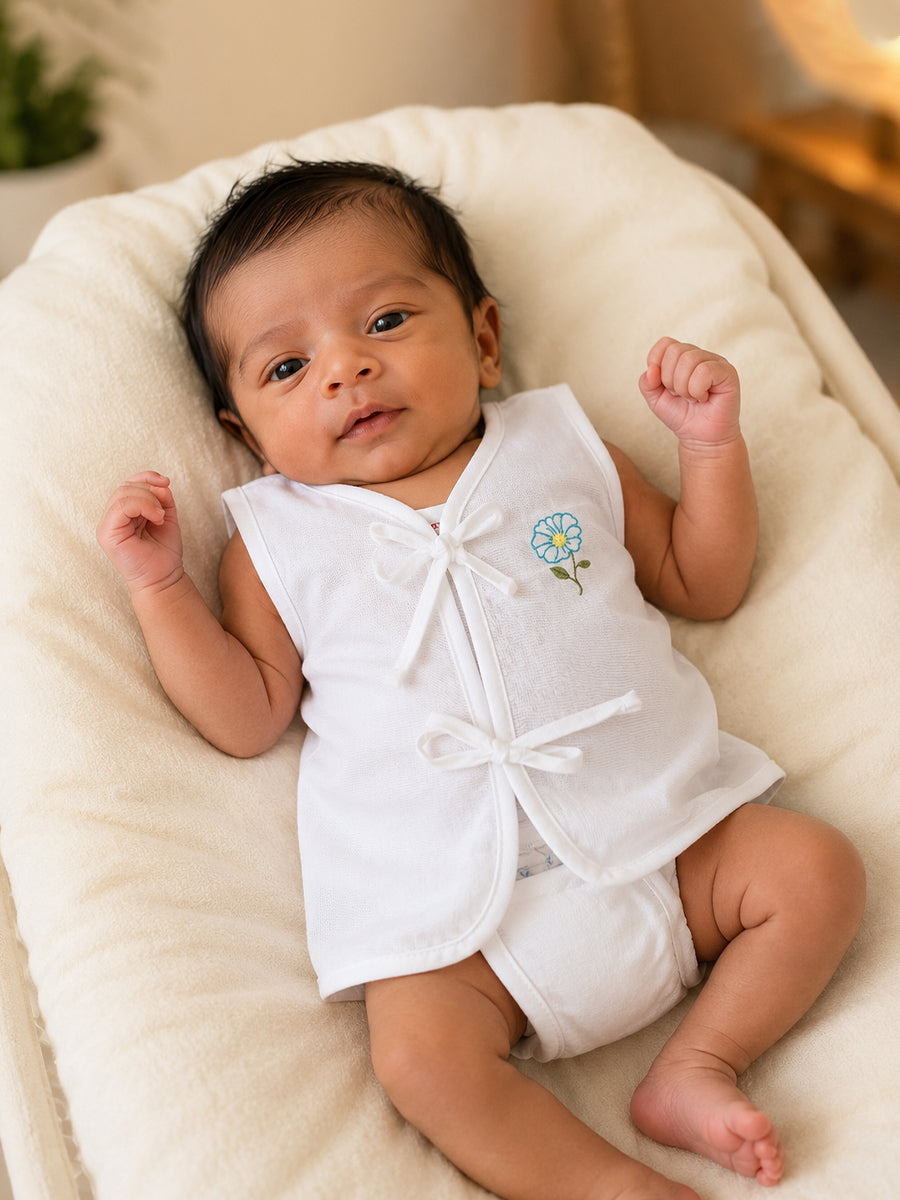 Ziva Premium Cotton Embroidery Jabla – Front Tie Newborn Baby Wear | Floral Design | 5 Pieces