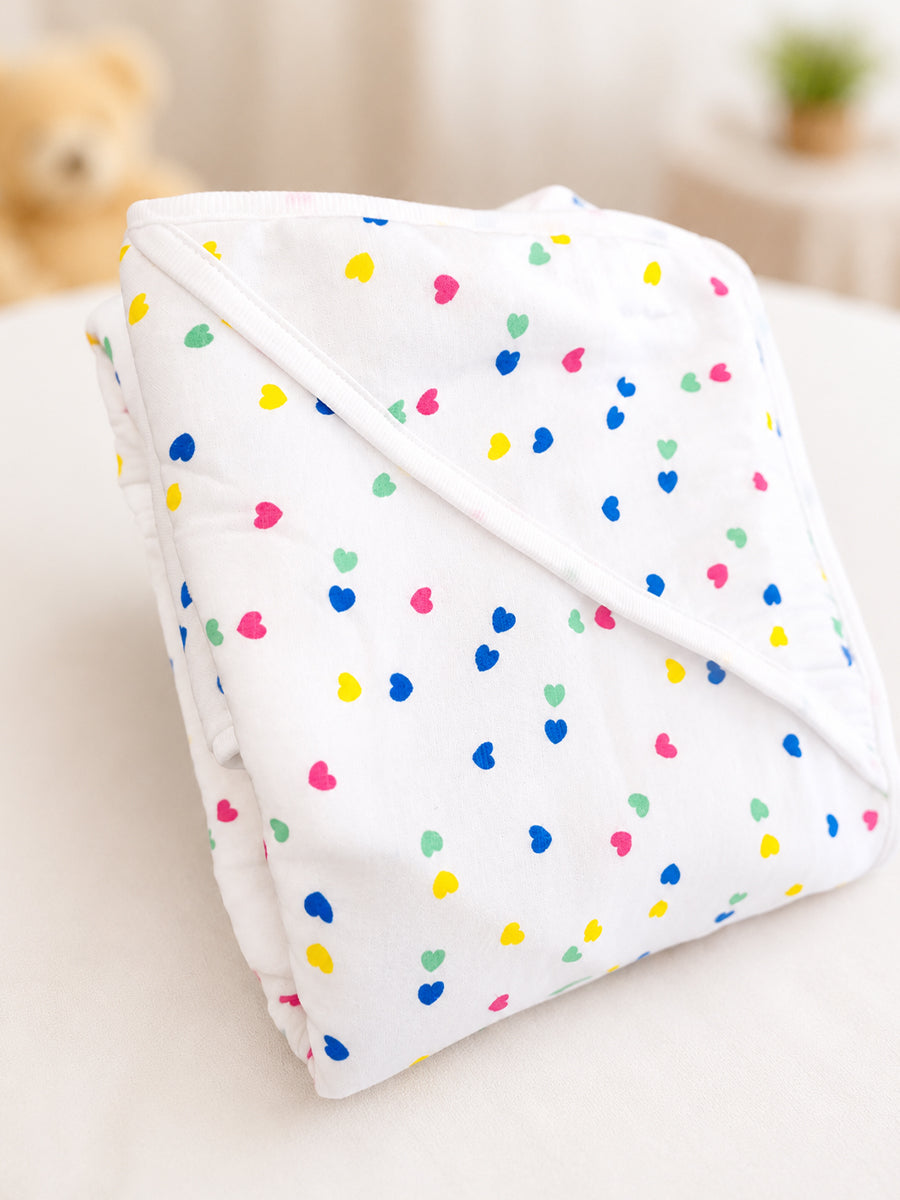 Ziva Premium Muslin Hooded Towel – Double Layer Muslin with Soft Fleece Core | Candy Hearts Print