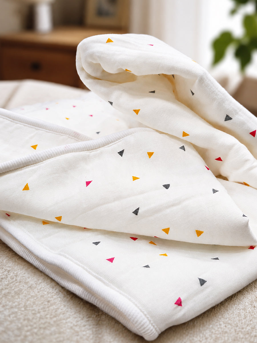 Ziva Premium Muslin Hooded Towel – Double Layer Muslin with Soft Fleece Core | Playful Triangles Print