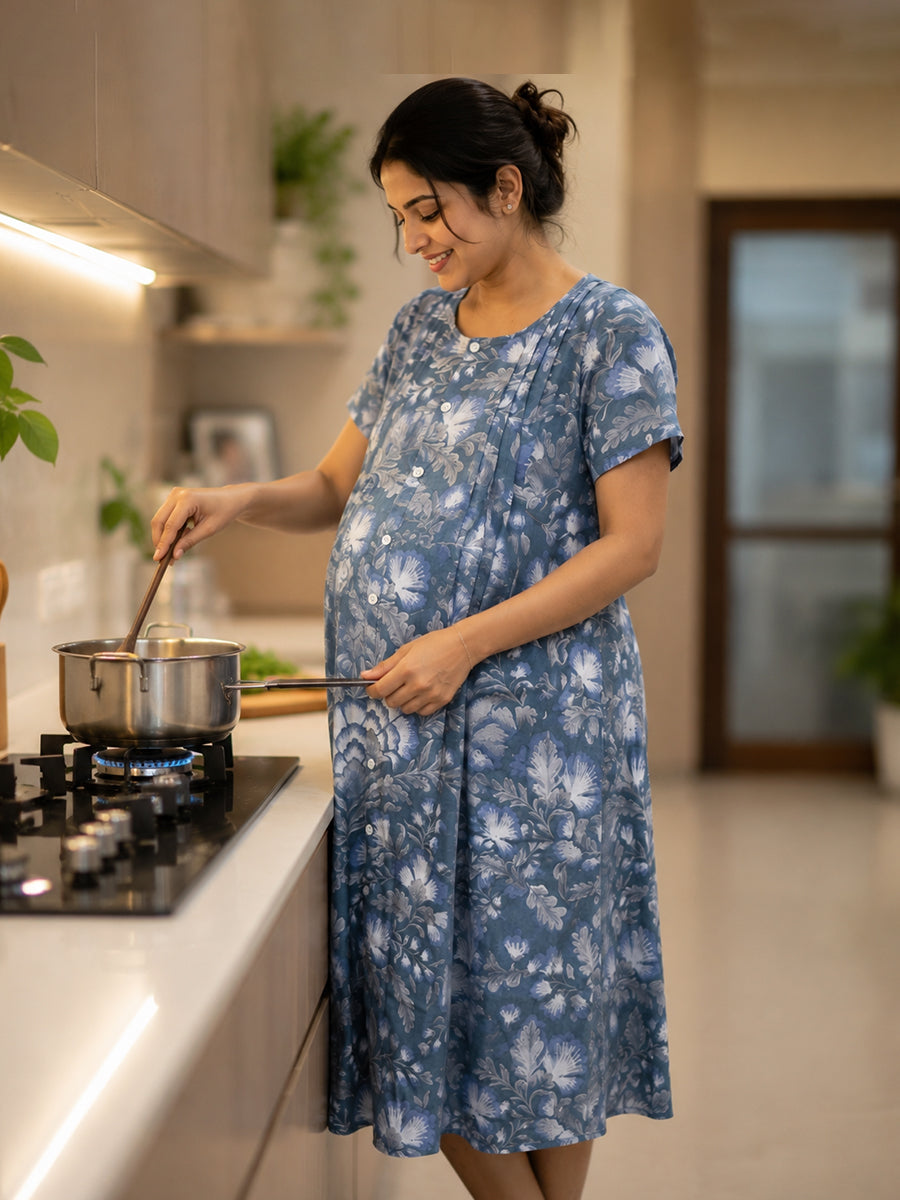 Ziva Maternity & Feeding Cotton Full-Open Short Nighty – Grey Blue Floral Print