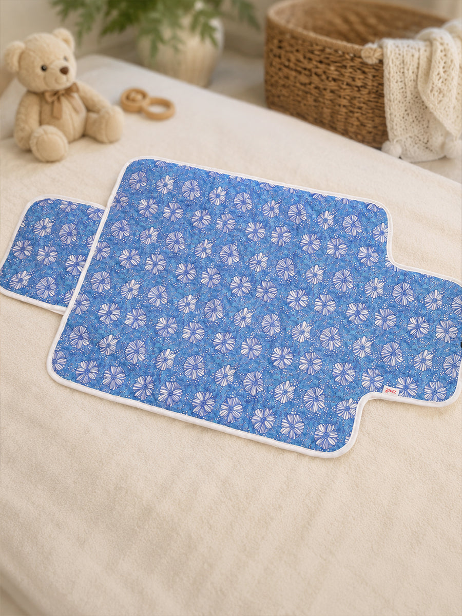Ziva Baby Nappy & Diaper Changing Sheet – Foldable Travel Changing Mat with Storage Pocket | Blue Daisy Bloom Print