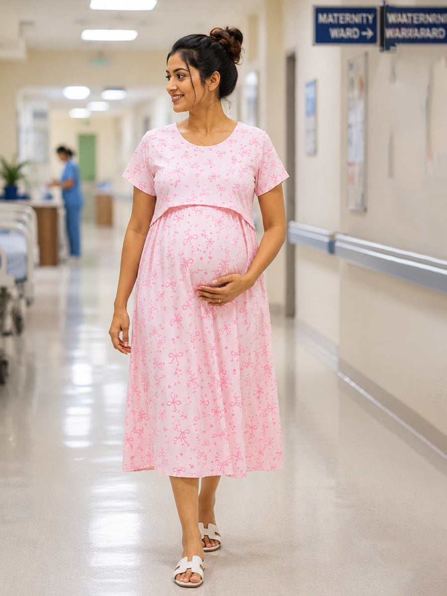 Ziva Zipless Maternity & Feeding Knitted Dress with Adjustable Tie & Side Pocket – Pink Sweet Bows & Hearts Print