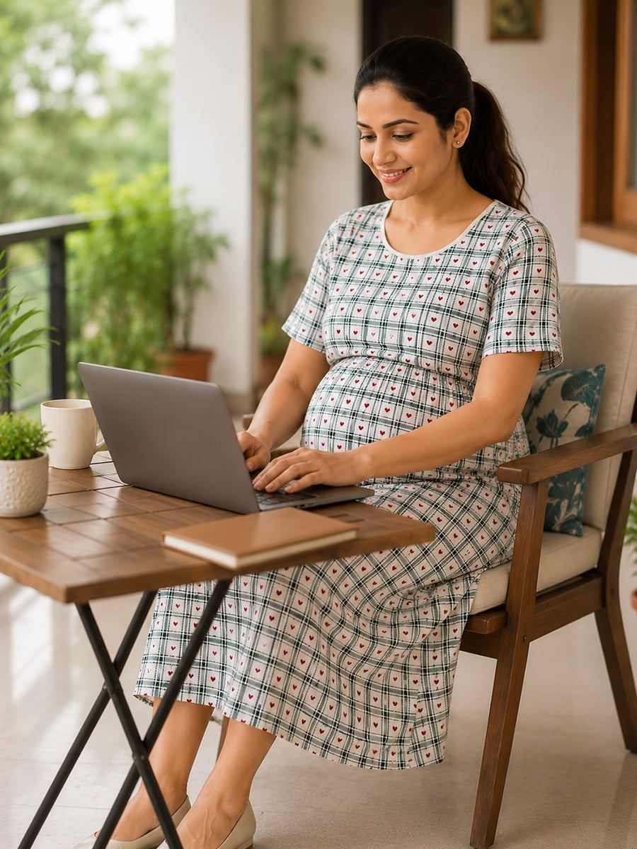 Ziva Zipless Maternity & Feeding Knitted Dress with Adjustable Tie & Side Pocket – Tiny Hearts Windowpane Print