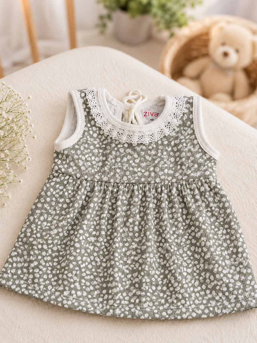Ziva Knitted Cotton Baby Frock with Pantie Set | Lace Neck Detail & Adjustable Back Tie | Snowflake Dot Print