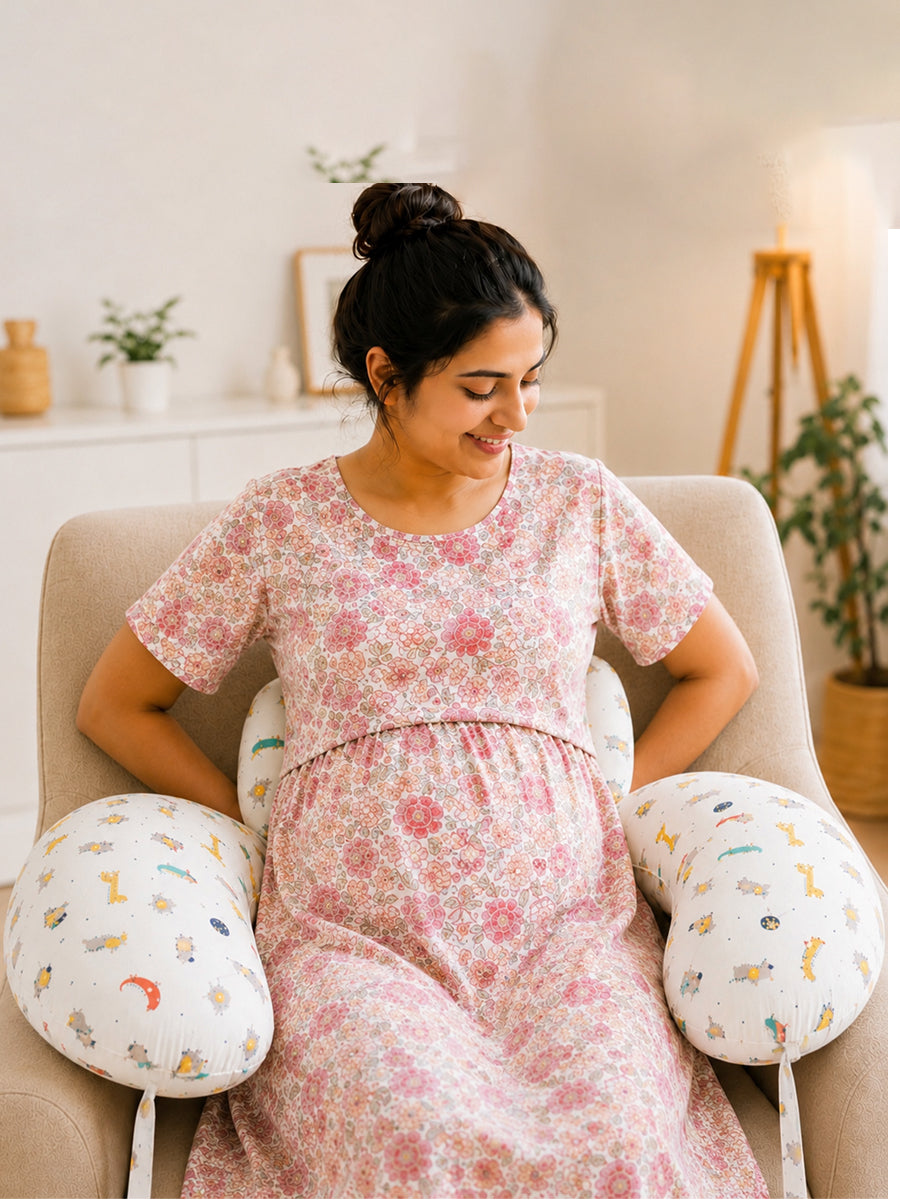 Ziva Multipurpose Twin Feeding Pillow – Cotton with Back Support & Adjustable Tie | Playful Safari Adventure Print