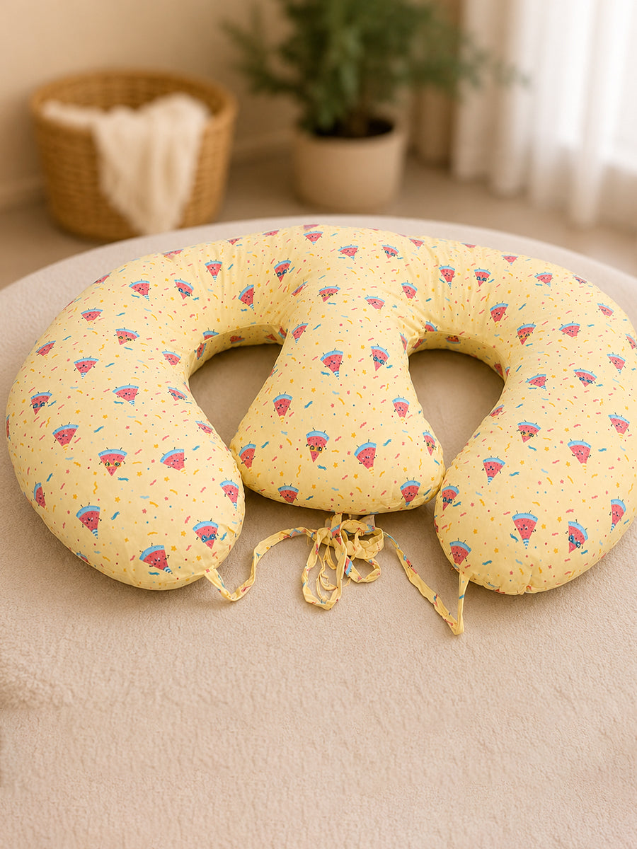 Ziva Multipurpose Twin Feeding Pillow – Cotton with Back Support & Adjustable Tie | Soft Yellow Watermelon Sprinkle Print