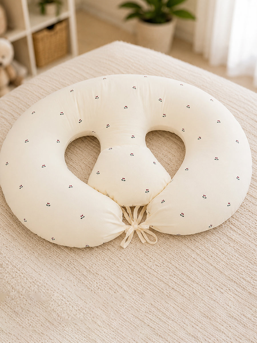 Ziva Multipurpose Twin Feeding Pillow – Organic Cotton with Back Support & Adjustable Tie | Berry Bloom Print | Light Cream