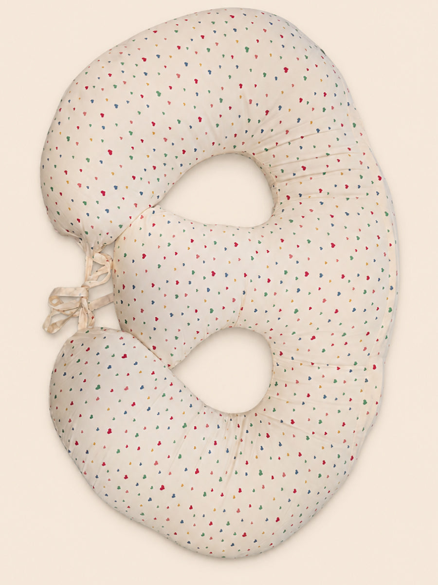 Ziva Multipurpose Twin Feeding Pillow – Organic Cotton with Back Support & Adjustable Tie | Multicolour Mini Hearts Print