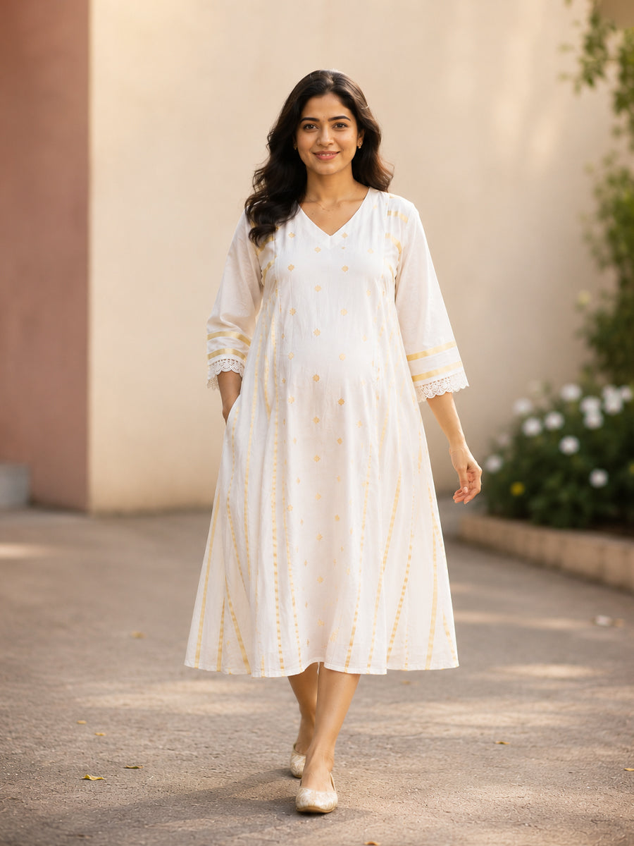 Ziva Onam Maternity & Feeding Dress | Onakodi | Light Cream Handloom Cotton with Gold Stripes | Invisible Feeding Zips & Side Pocket