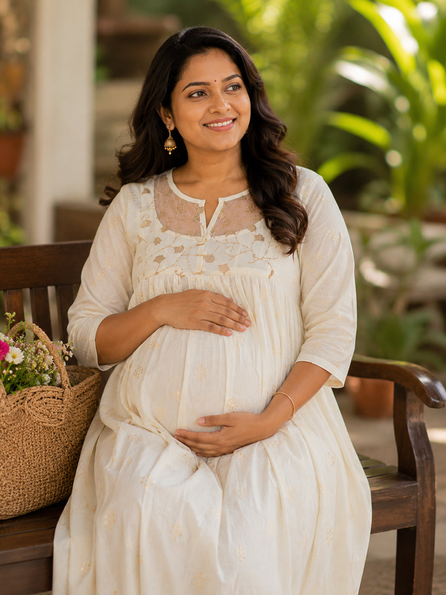 Ziva Onam Maternity & Feeding Dress | Onakodi | Light Cream Handloom Cotton with Designer Net Yoke | Invisible Feeding Zips & Side Pocket