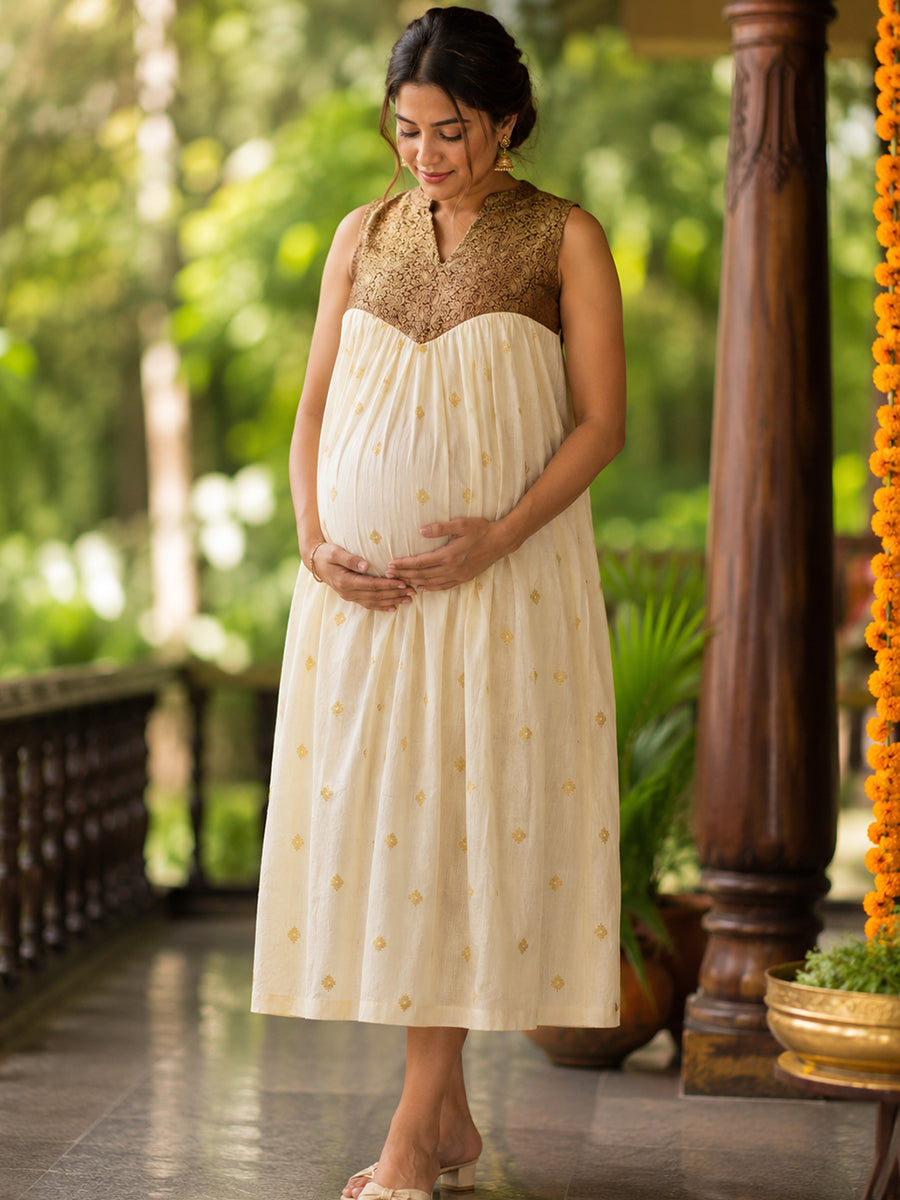 Ziva Onam Maternity & Feeding Sleeveless Dress | Onakodi | Light Cream Handloom Cotton with Caramel Brown Banarasi Yoke | Hidden Feeding Zips & Side Pocket