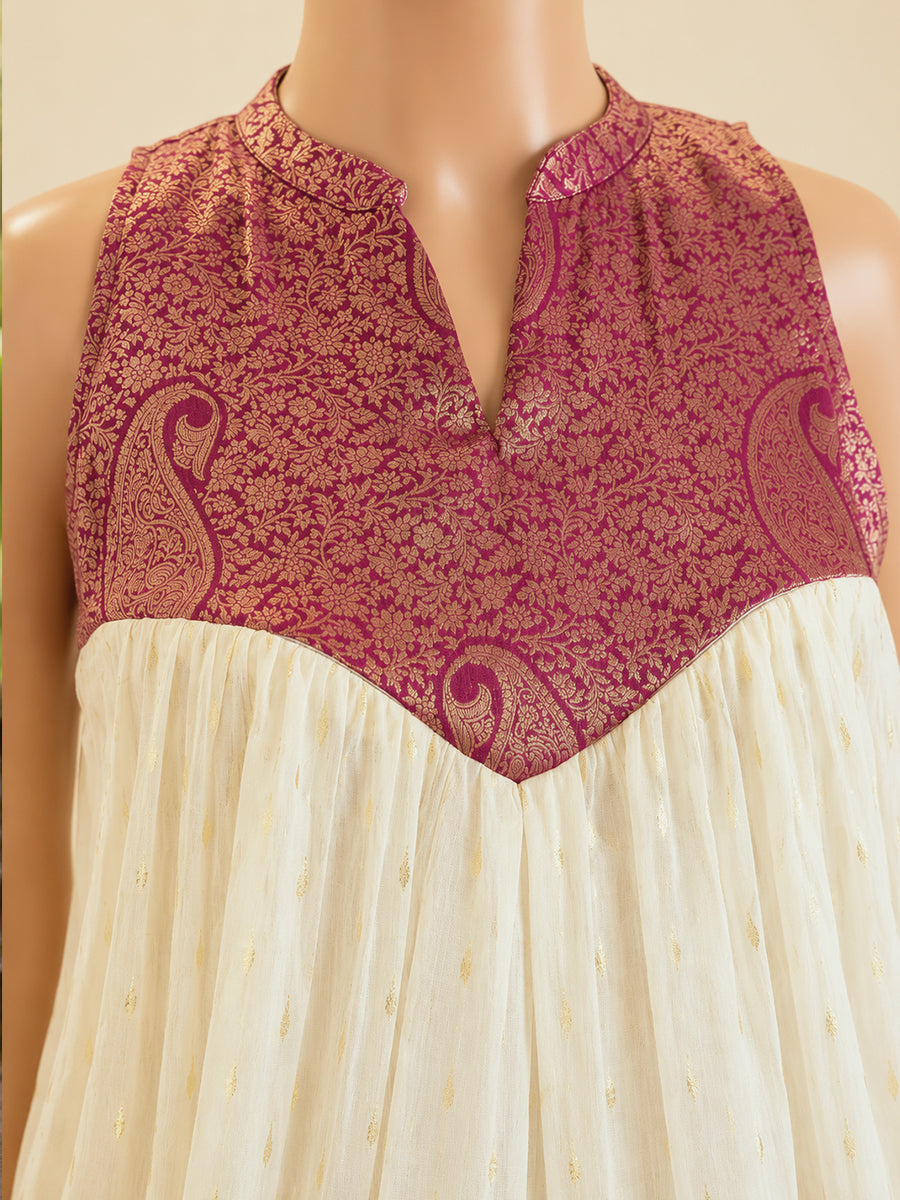 Ziva Onam Maternity & Feeding Sleeveless Dress | Onakodi | Light Cream Handloom Cotton with Burgundy Banarasi Yoke | Hidden Feeding Zips & Side Pocket