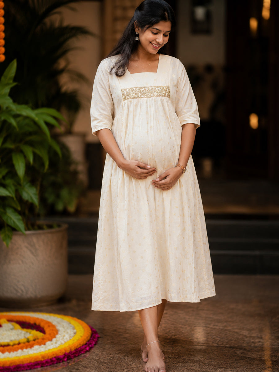 Ziva Onam Maternity & Feeding Dress | Onakodi | Light Cream Gold Butta Textured Cotton | Invisible Feeding Zips & Side Pocket
